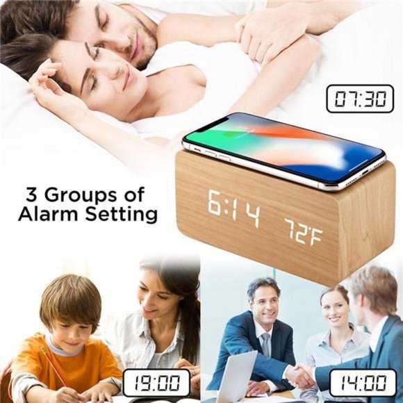 Alarm Clock with Qi Wireless Charging Pad Compatible with iPhone Samsung Wood - Picture 7 of 7